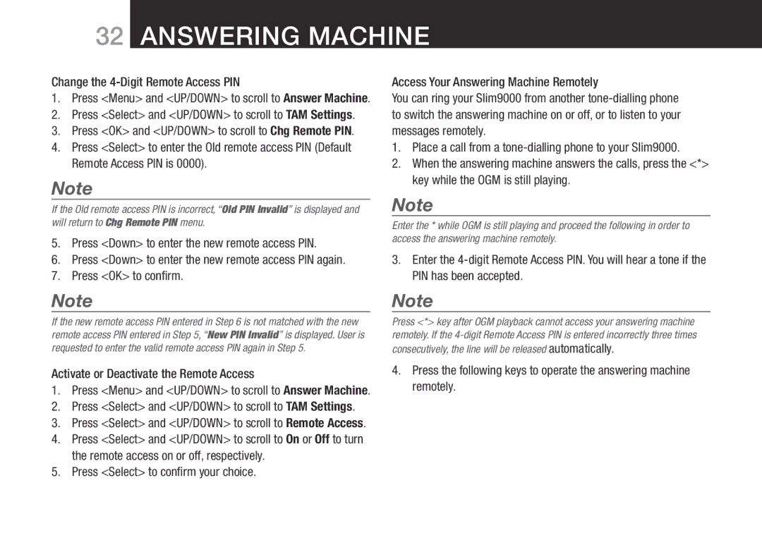 Oricom SLIM-9000 user manual Change the 4-Digit Remote Access PIN, Press Down to enter the new remote access PIN 