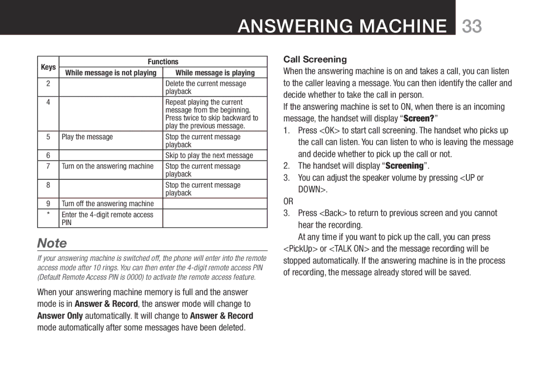 Oricom SLIM-9000 user manual Call Screening, Pin 