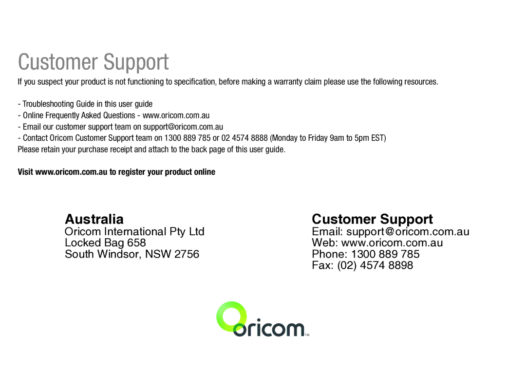 Oricom SLIM-9000 user manual Customer Support 