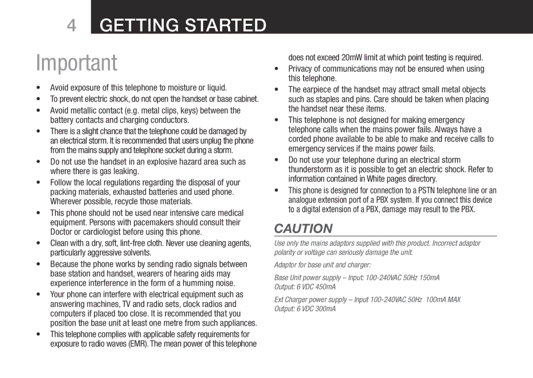 Oricom SLIM-9000 user manual Getting started, Avoid exposure of this telephone to moisture or liquid 