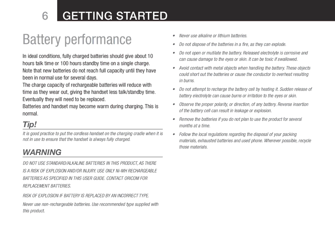 Oricom SLIM-9000 user manual Battery performance, Tip 