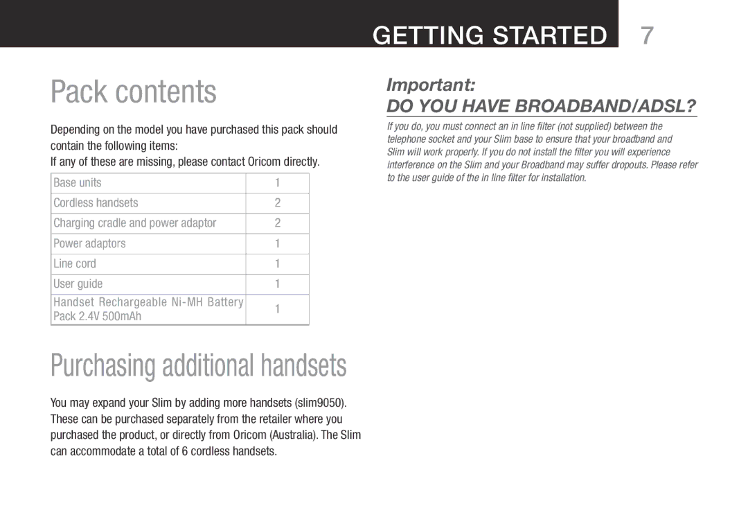Oricom SLIM-9000 user manual Pack contents, Purchasing additional handsets 