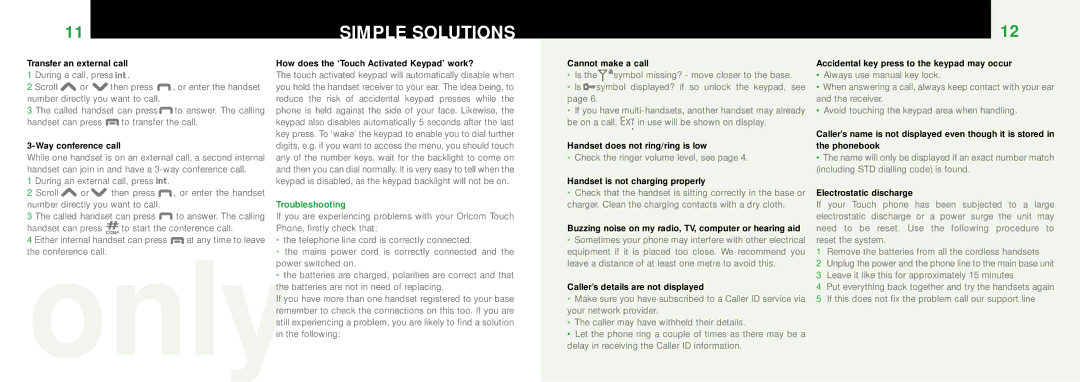 Oricom T1000 manual Simple Solutions, Troubleshooting 