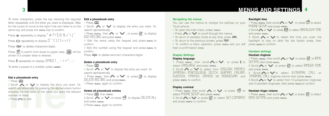 Oricom T1000 manual Menus and Settings, Delete Record and press, Ring Setting and press, To select SET Contrast 