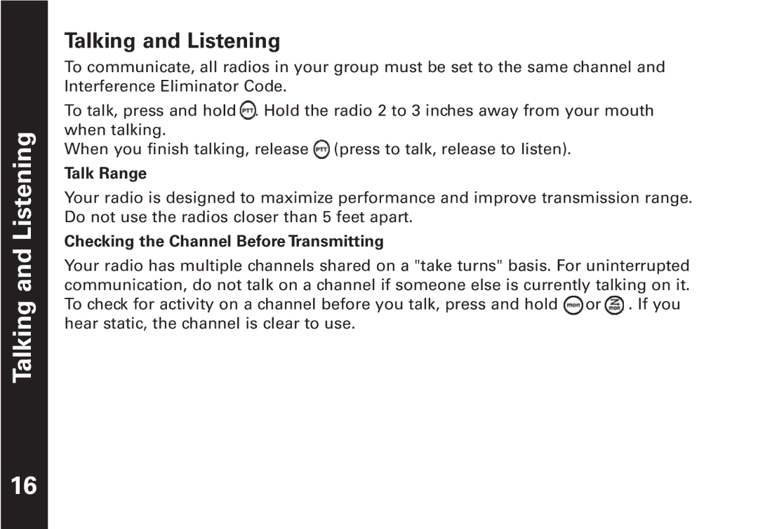 Oricom T5509 manual Talking and Listening, Talk Range, Checking the Channel Before Transmitting 