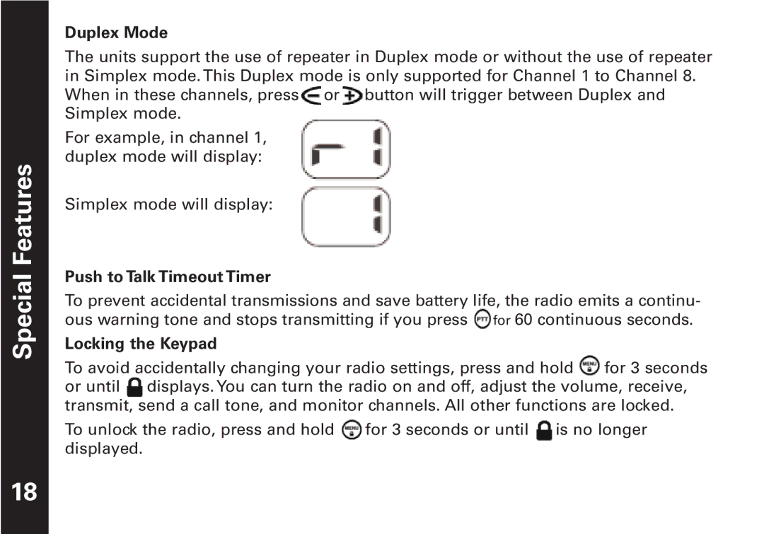 Oricom T5509 manual Special Features, Duplex Mode, Push to Talk Timeout Timer, Locking the Keypad 