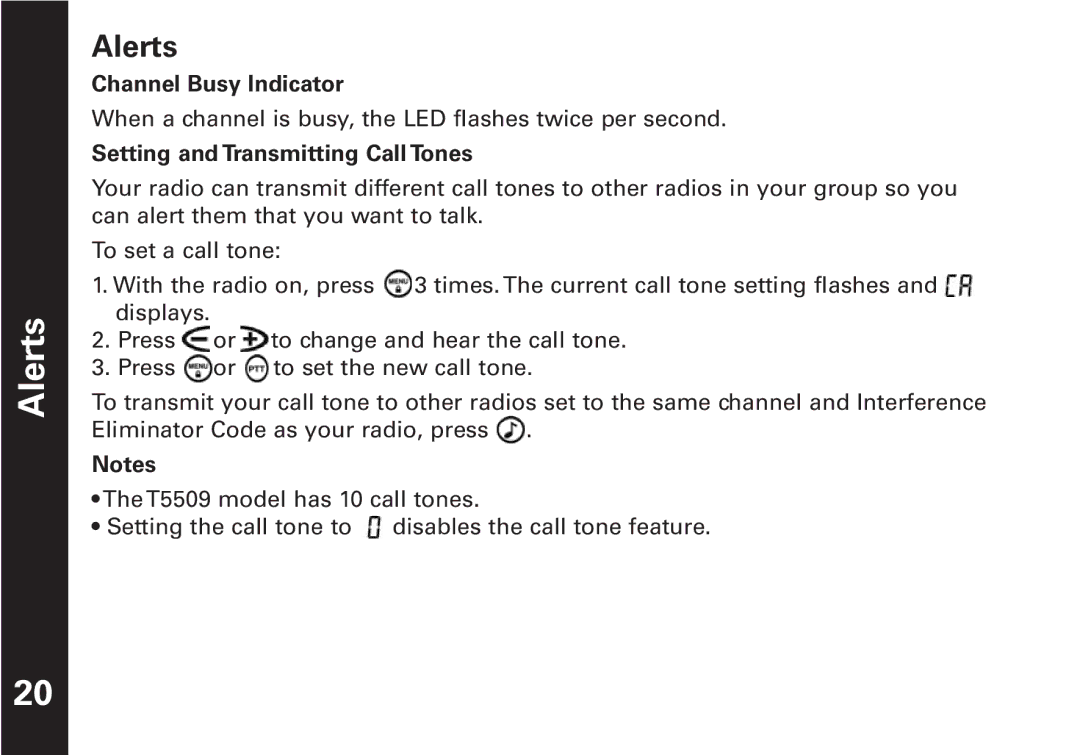 Oricom T5509 manual Alerts, Channel Busy Indicator, Setting and Transmitting Call Tones 