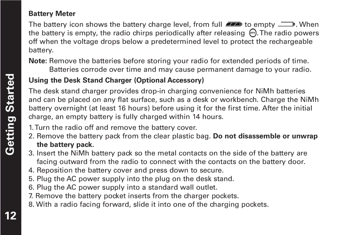 Oricom T5509 manual Getting Started, Battery Meter, Using the Desk Stand Charger Optional Accessory 