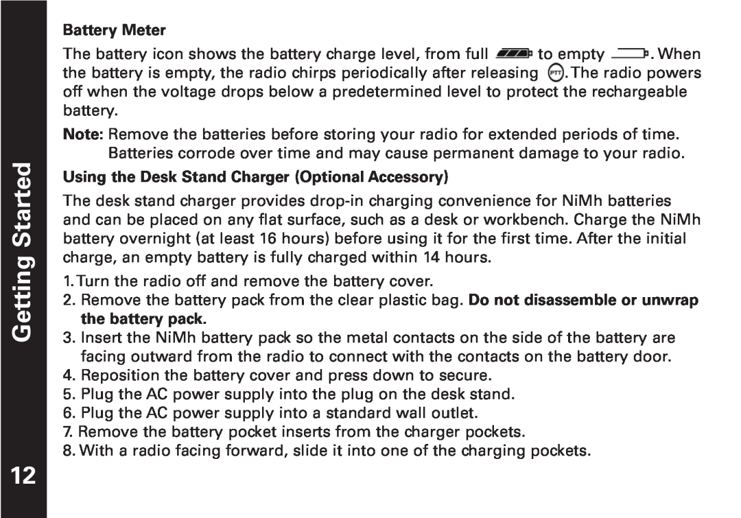 Oricom T5509 manual Getting Started, Battery Meter, Using the Desk Stand Charger Optional Accessory 