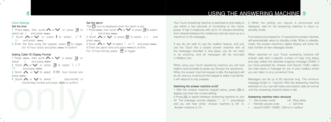 Oricom TA2000 Series manual Clock Settings, Setting Caller ID Display Format, Switching the answer machine on/off 