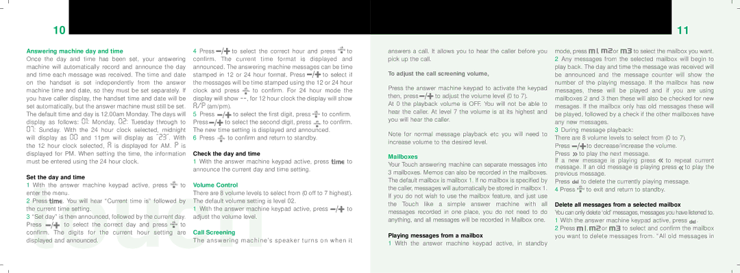 Oricom TA2000 Series manual Answering machine day and time, Mailboxes, Volume Control, Call Screening 