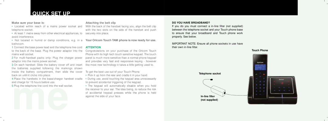 Oricom TA2000 Series manual Quick SET UP, Make sure your base is 