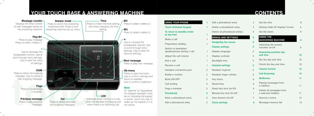 Oricom TA2000 Series manual Your Touch Base & Answering Machine Contents 