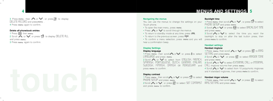 Oricom TA2000 Series manual Menus and Settings, Navigating the menus, Display Settings, Handset settings 