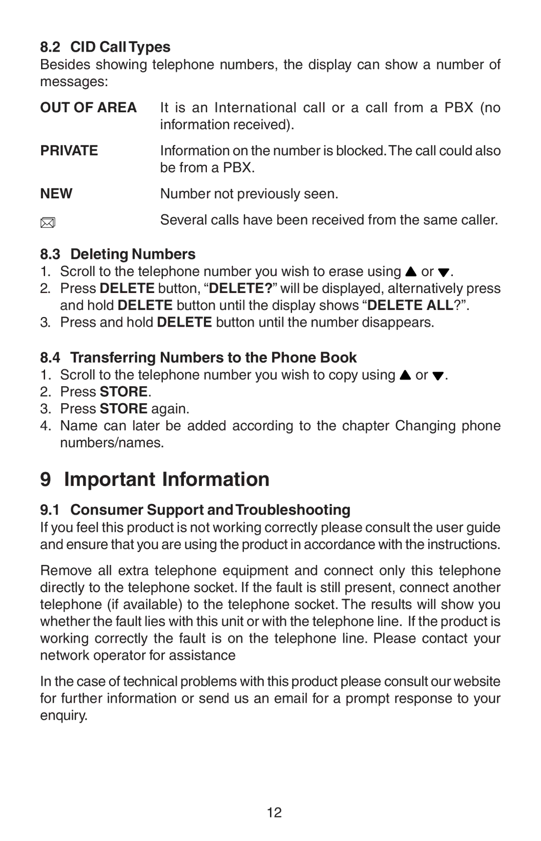 Oricom TP110 manual Important Information, CID Call Types, Deleting Numbers, Transferring Numbers to the Phone Book 