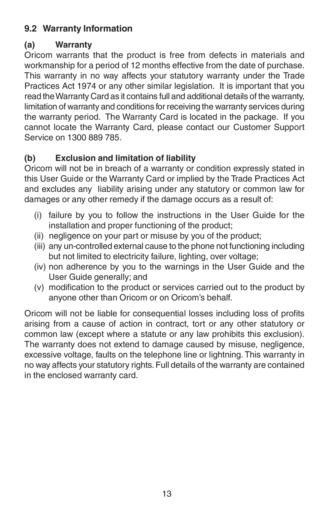 Oricom TP110 manual Warranty Information, Exclusion and limitation of liability 