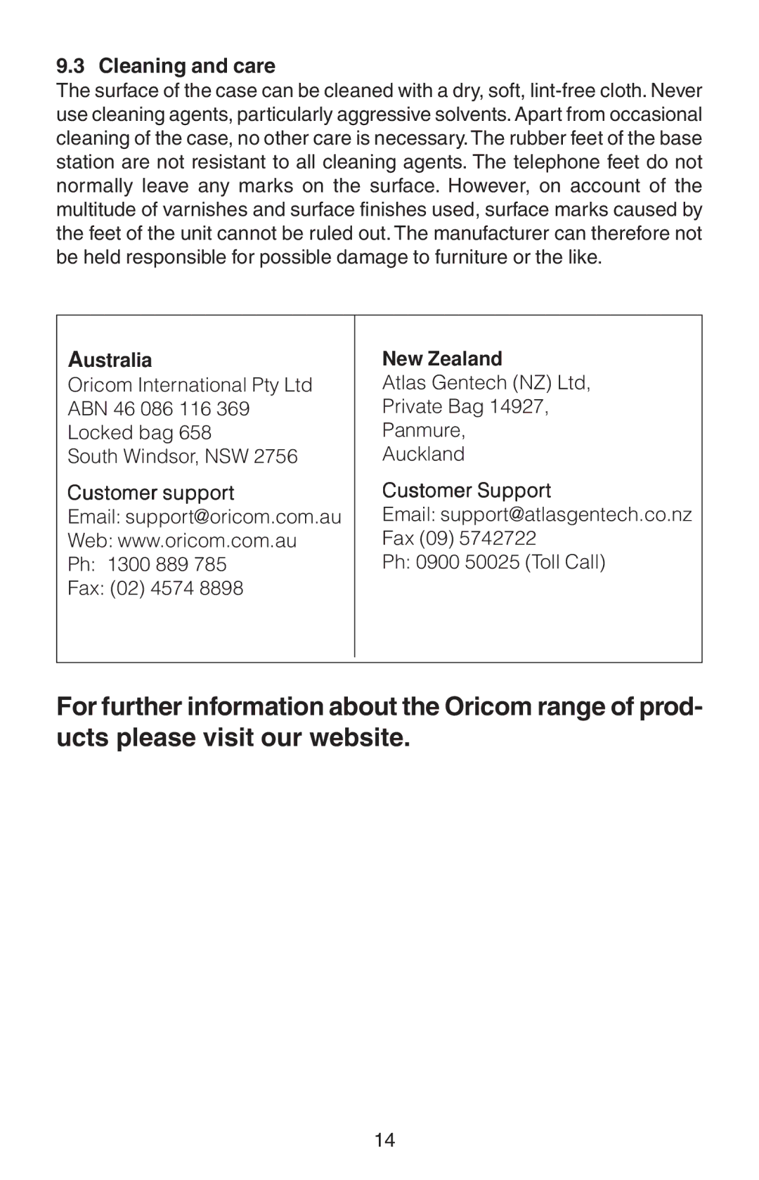 Oricom TP110 manual Cleaning and care, Customer support Customer Support 