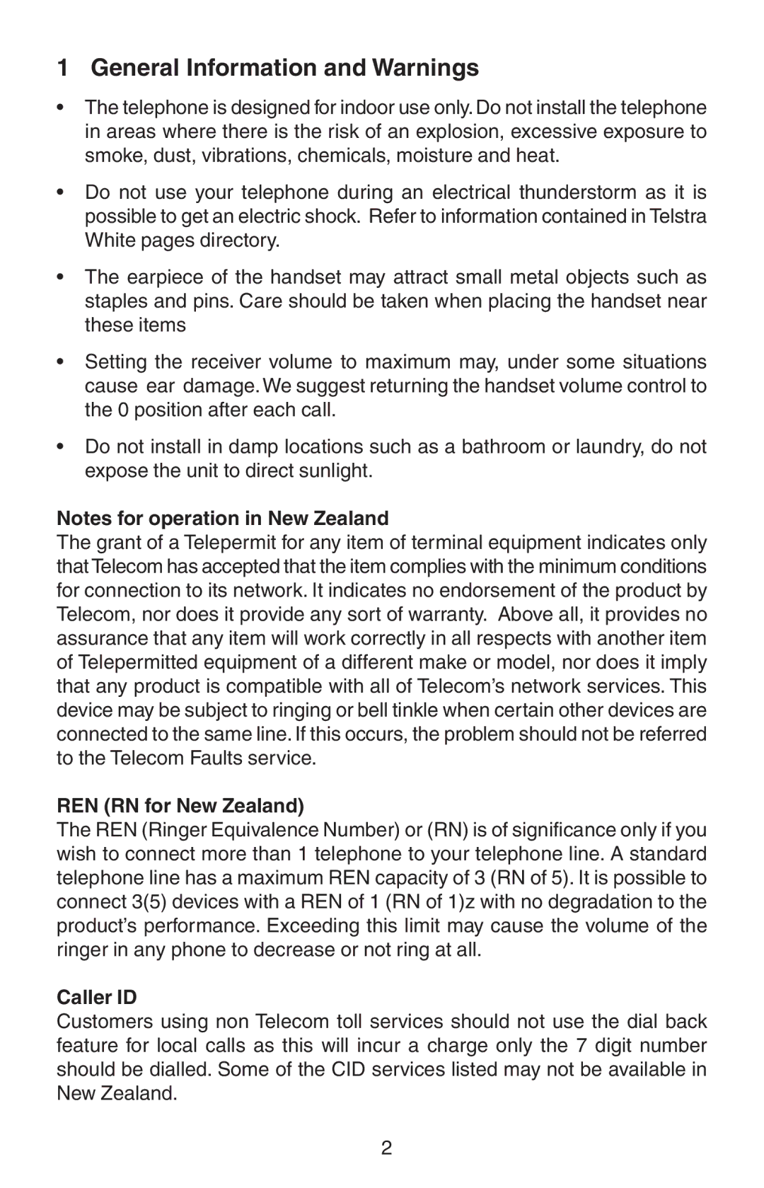 Oricom TP110 manual General Information and Warnings, REN RN for New Zealand, Caller ID 