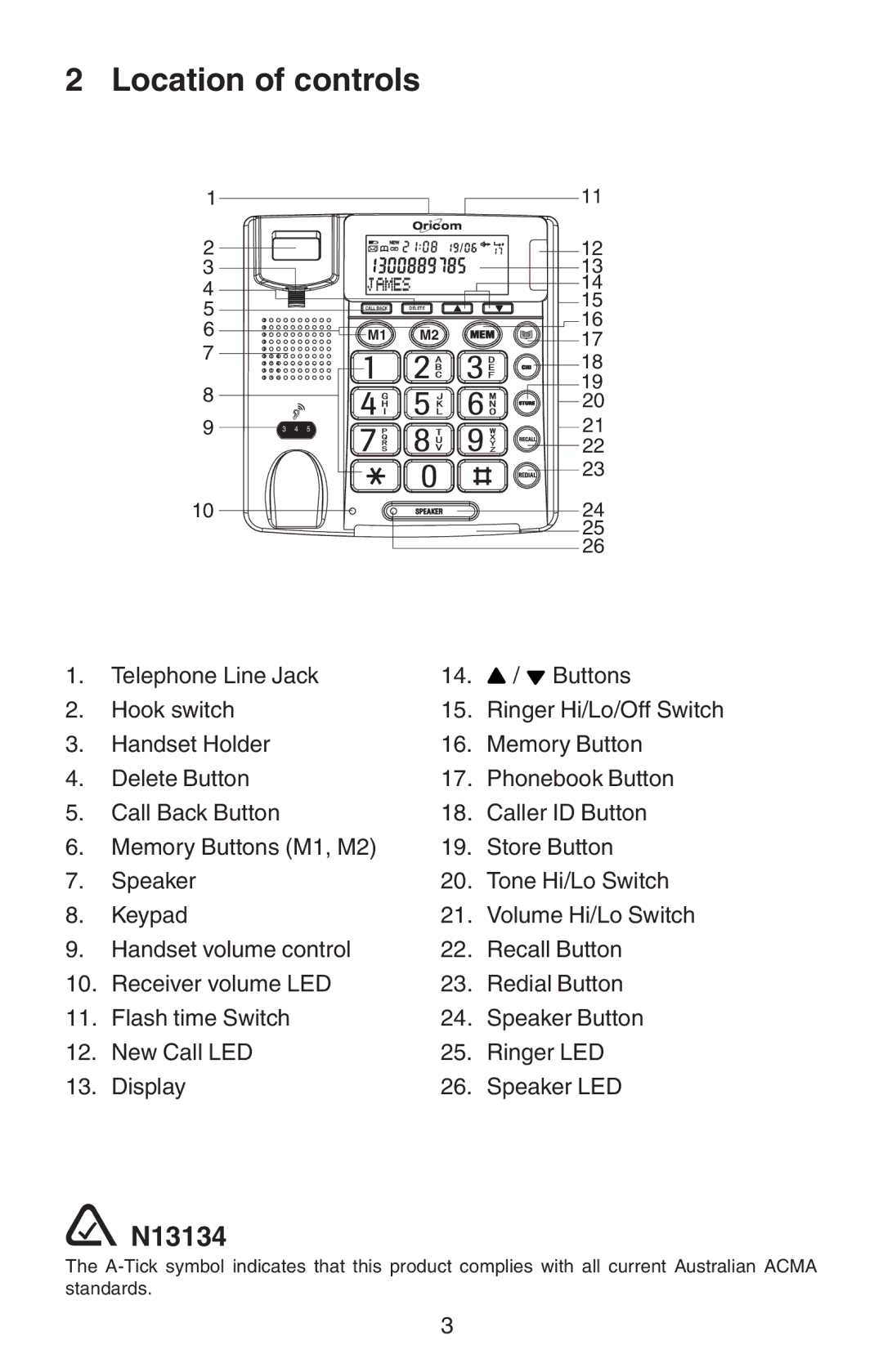 Oricom TP110 manual Location of controls, N13134 