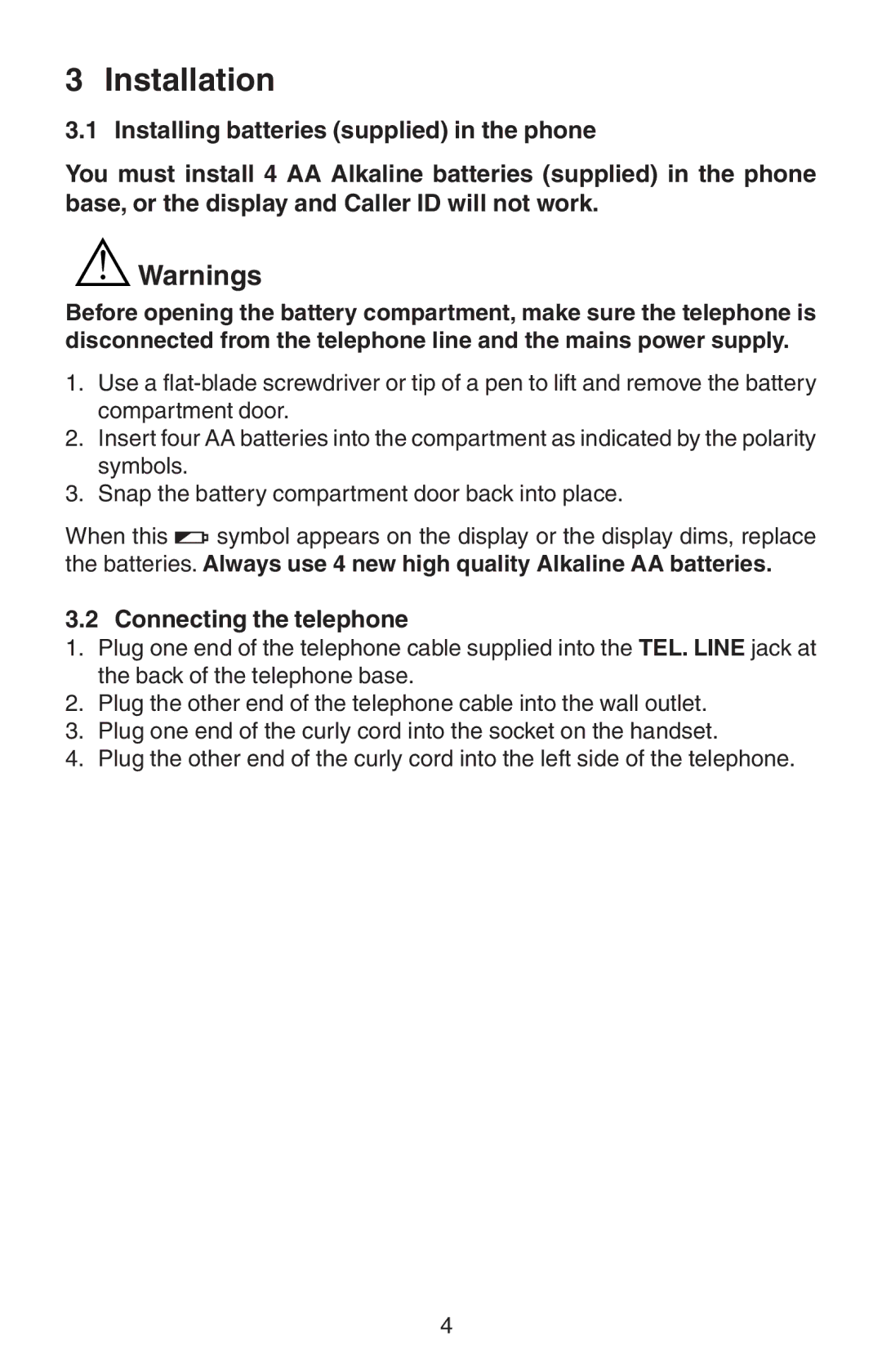 Oricom TP110 manual Installation, Connecting the telephone 