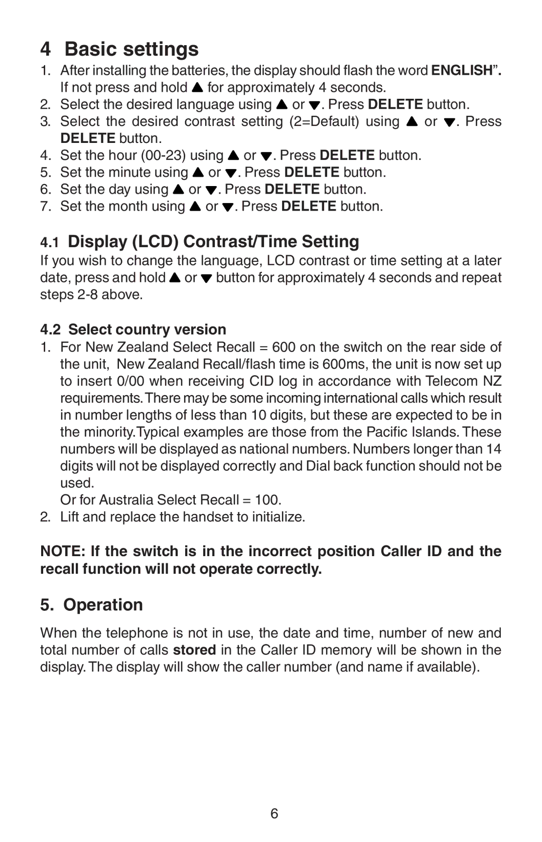 Oricom TP110 manual Basic settings, Display LCD Contrast/Time Setting, Operation, Select country version 