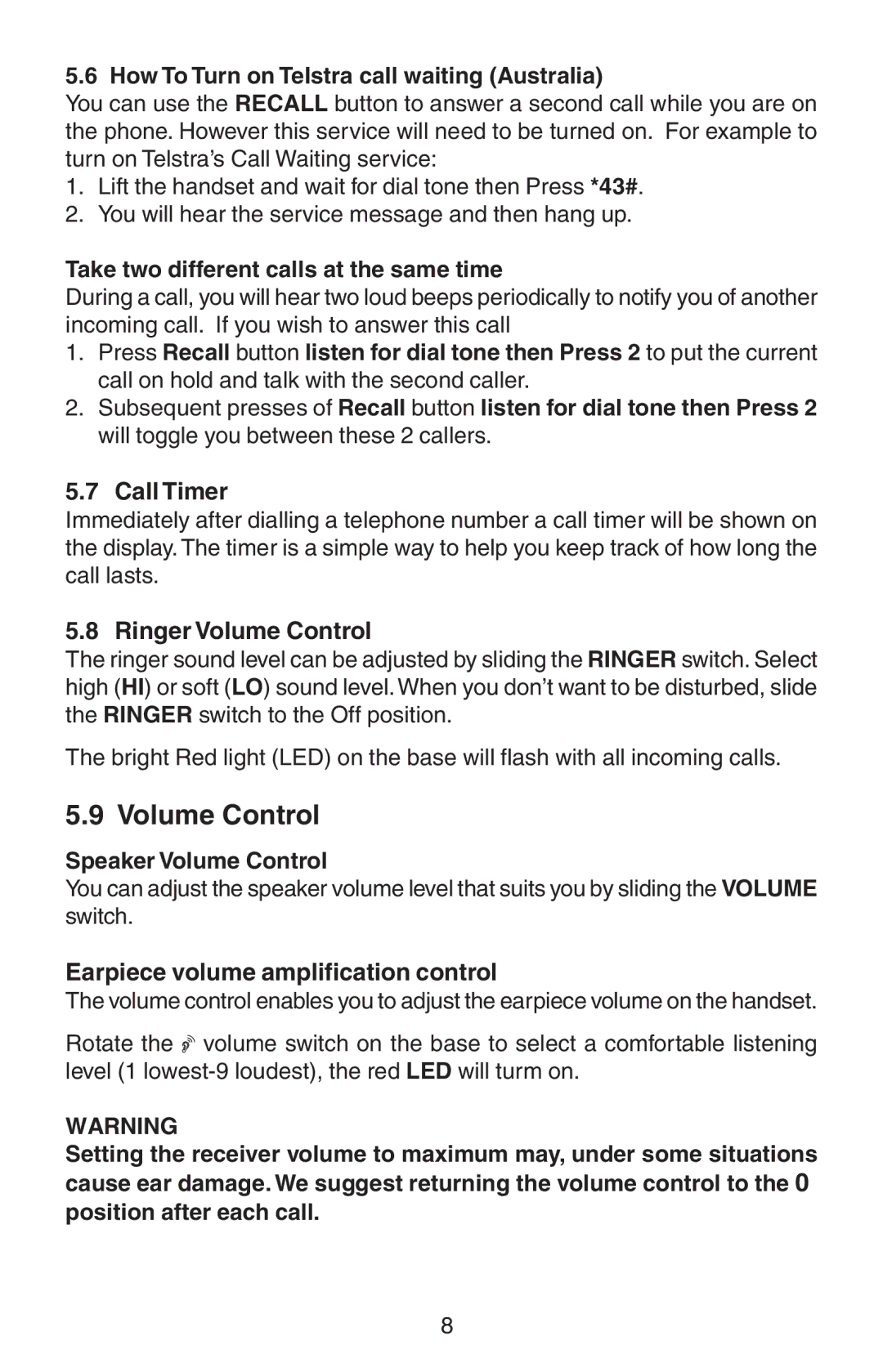 Oricom TP110 manual Call Timer, Ringer Volume Control, Earpiece volume amplification control 