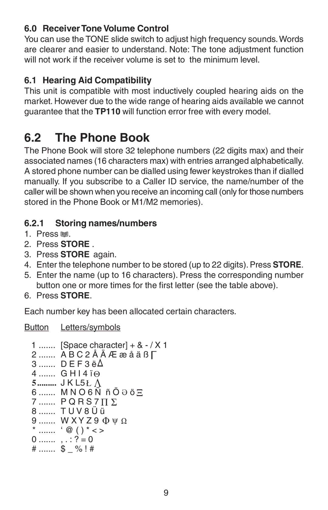 Oricom TP110 manual Phone Book, Receiver Tone Volume Control, Hearing Aid Compatibility, Storing names/numbers 1. Press 