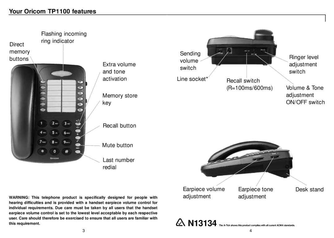 Oricom manual YourYourOricomOricomTP1100TP1100featuresfeatures 