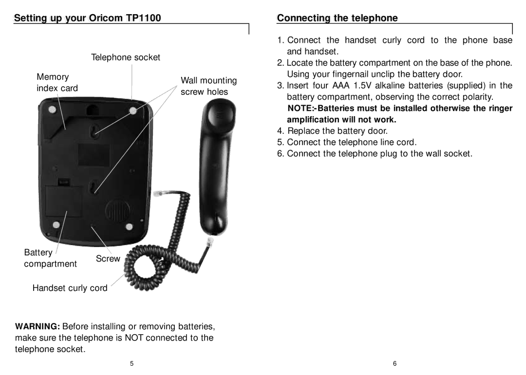 Oricom manual SettingSetting upup youryour Oricomricom TP1100TP1100, Connectingti tthe ttelephonel 