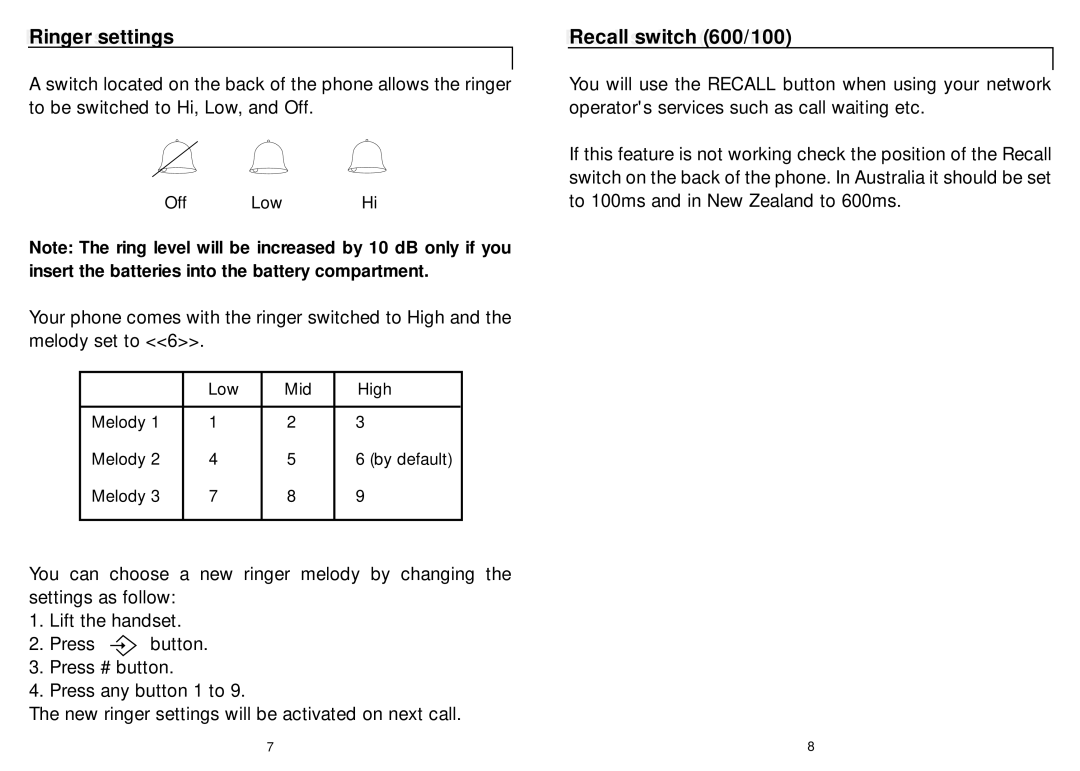 Oricom TP1100 manual Ringeringer settingssettings, Recallecall sswitchitch 600/100600/100 