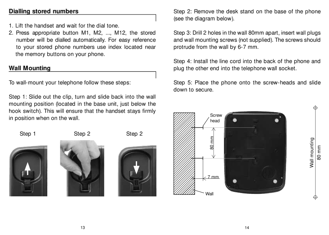 Oricom TP1100 manual Diallingi lli ststoredr numbersrs, Wallll Mountingti 
