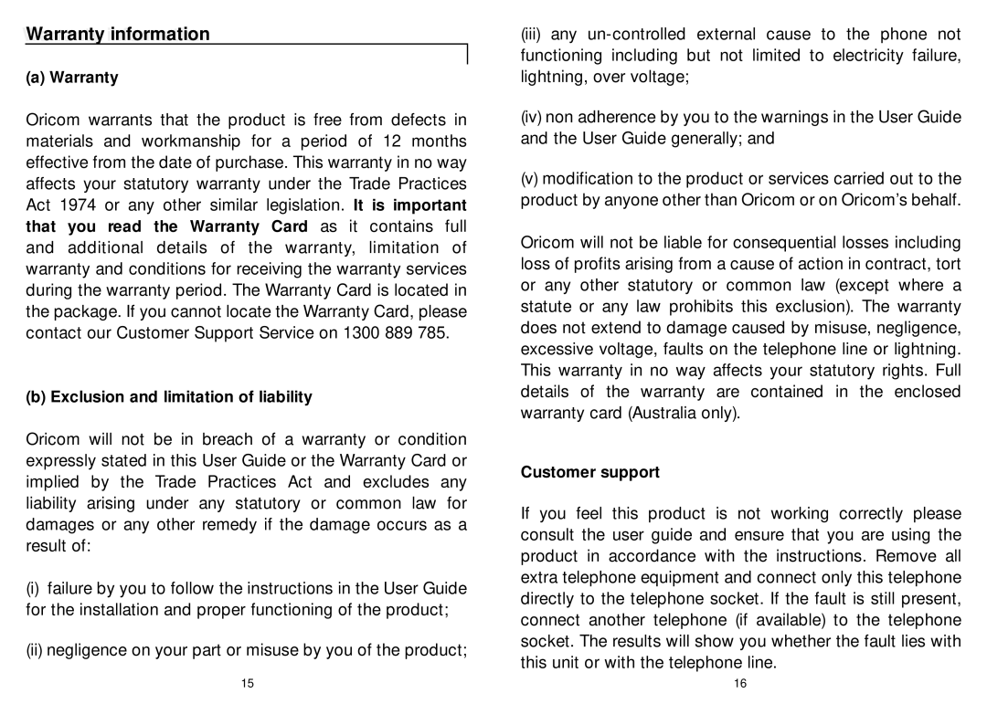 Oricom TP1100 manual Warrantyarranty inforinformationation 