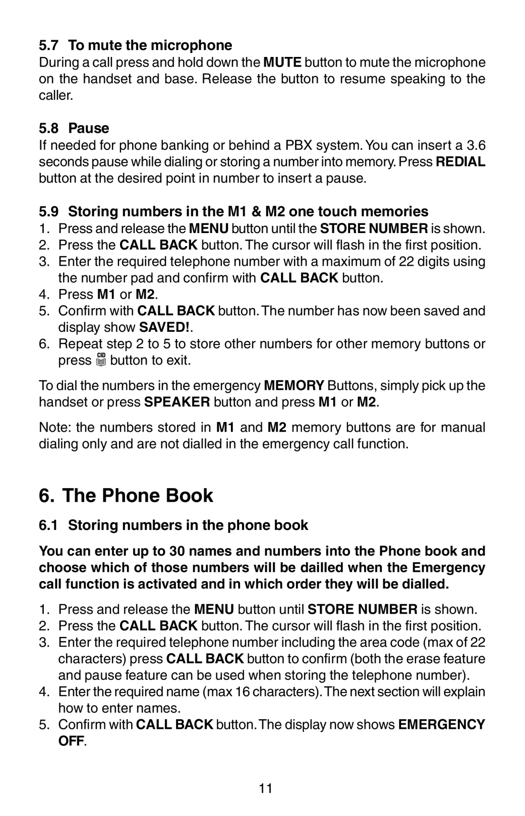 Oricom TP150 manual Phone Book, To mute the microphone, Pause, Storing numbers in the M1 & M2 one touch memories 