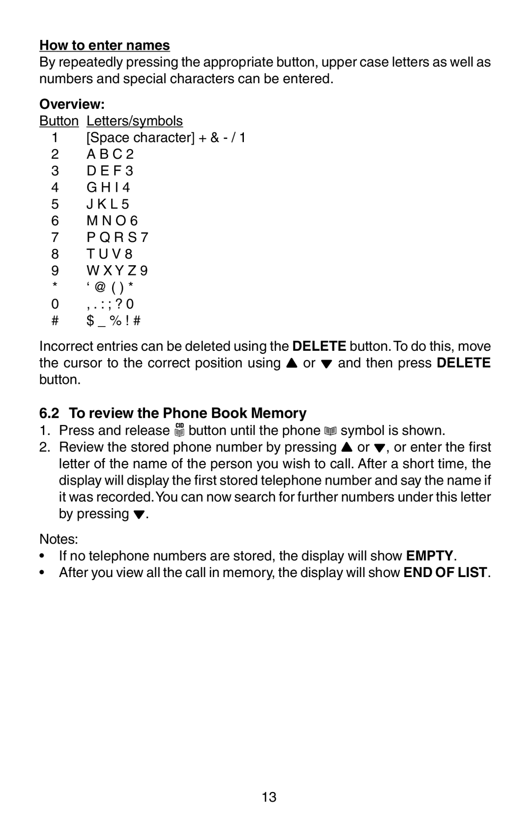 Oricom TP150 manual To review the Phone Book Memory, How to enter names, Overview 