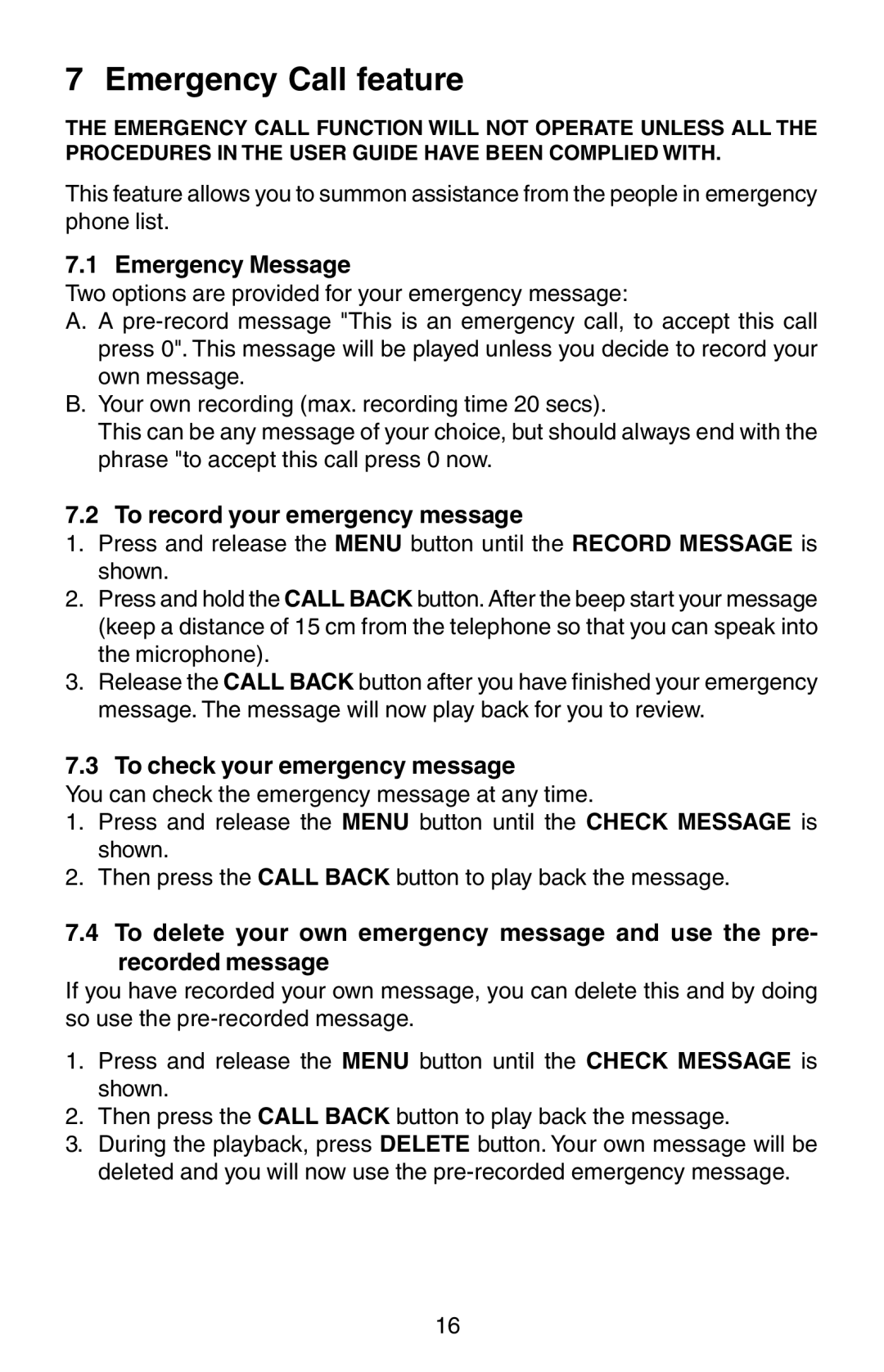 Oricom TP150 Emergency Call feature, Emergency Message, To record your emergency message, To check your emergency message 