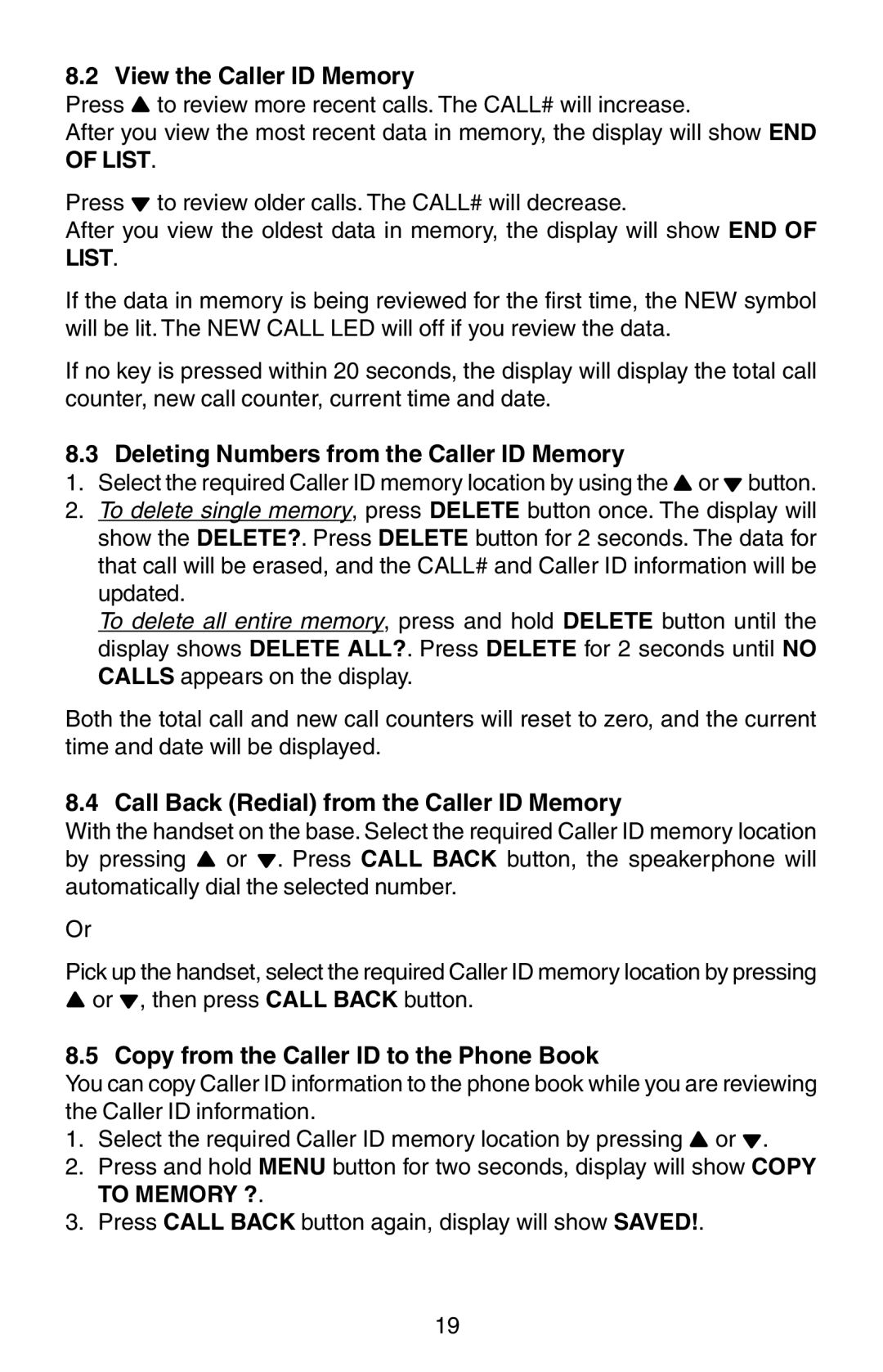 Oricom TP150 manual View the Caller ID Memory, Deleting Numbers from the Caller ID Memory 