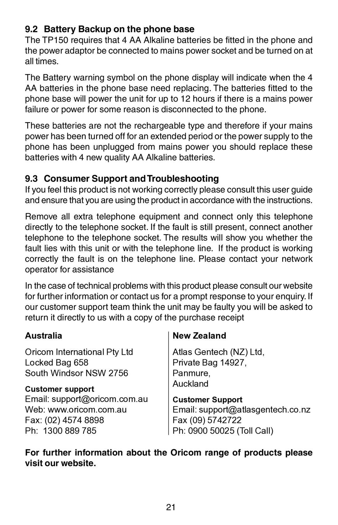 Oricom TP150 manual Battery Backup on the phone base, Consumer Support and Troubleshooting, Australia, New Zealand 