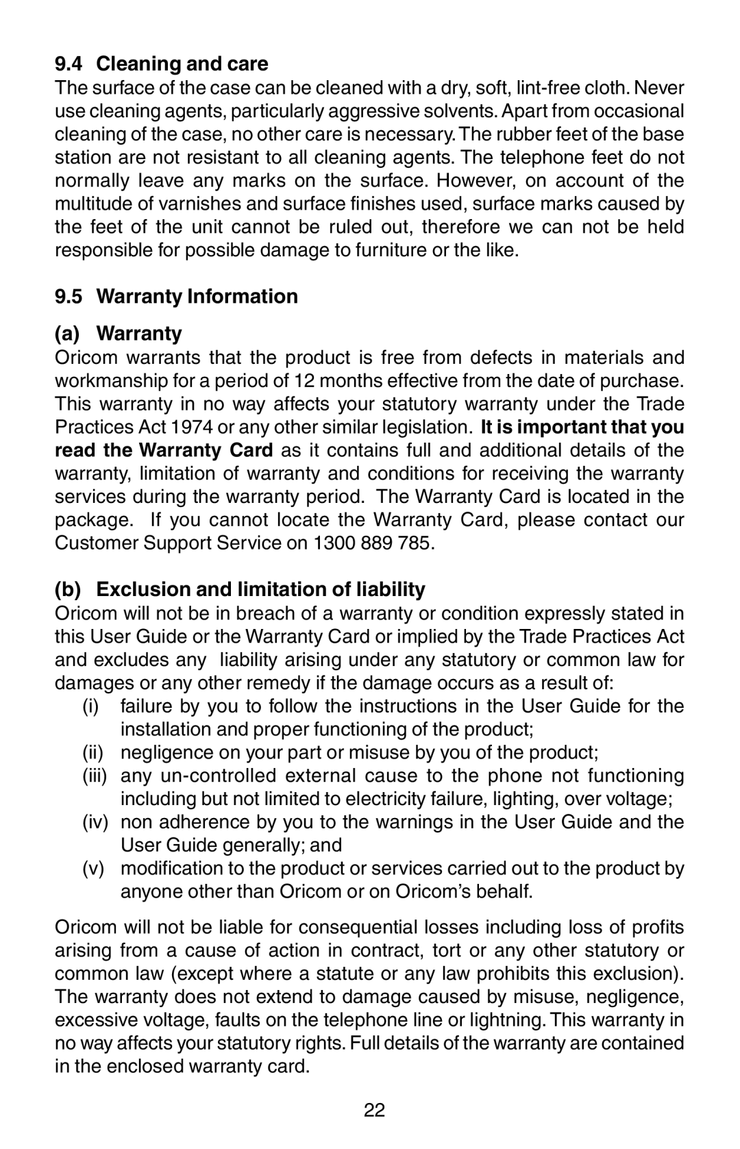 Oricom TP150 manual Cleaning and care, Warranty Information, Exclusion and limitation of liability 