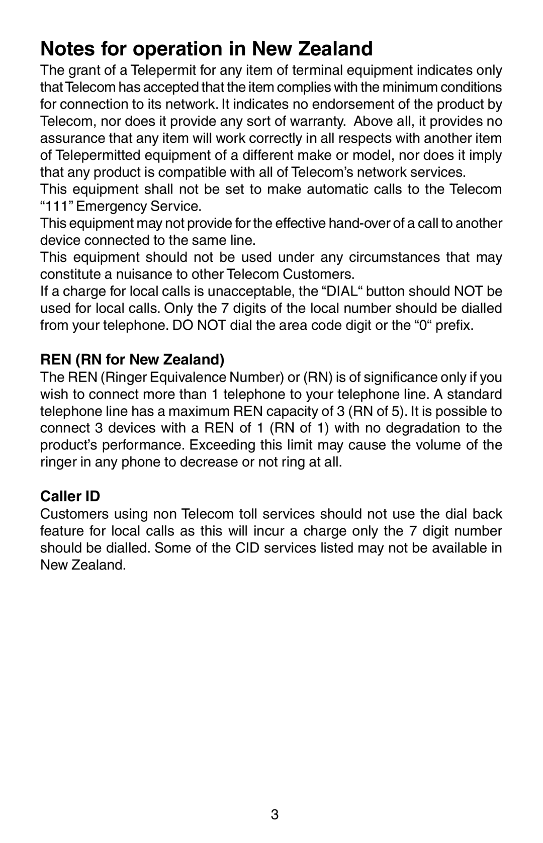 Oricom TP150 manual REN RN for New Zealand, Caller ID 