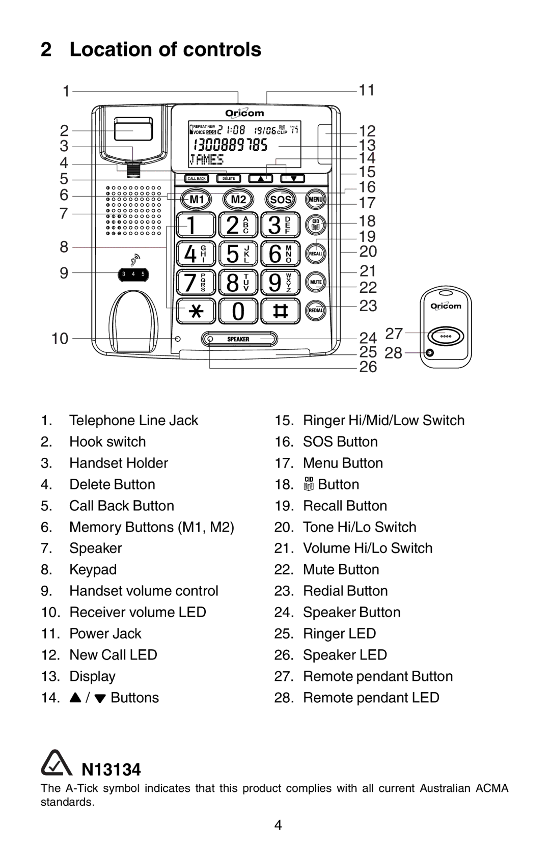 Oricom TP150 manual Location of controls, N13134 