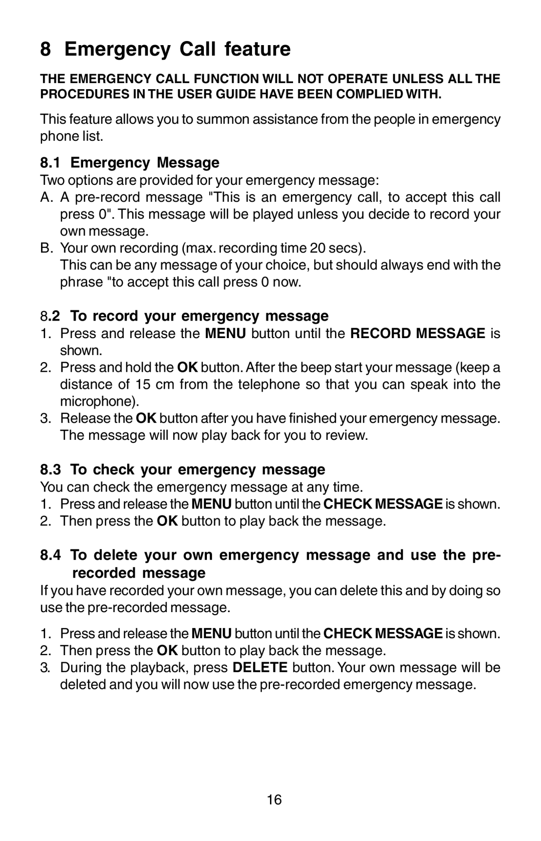 Oricom TP170WP manual Emergency Call feature, Emergency Message, To record your emergency message 