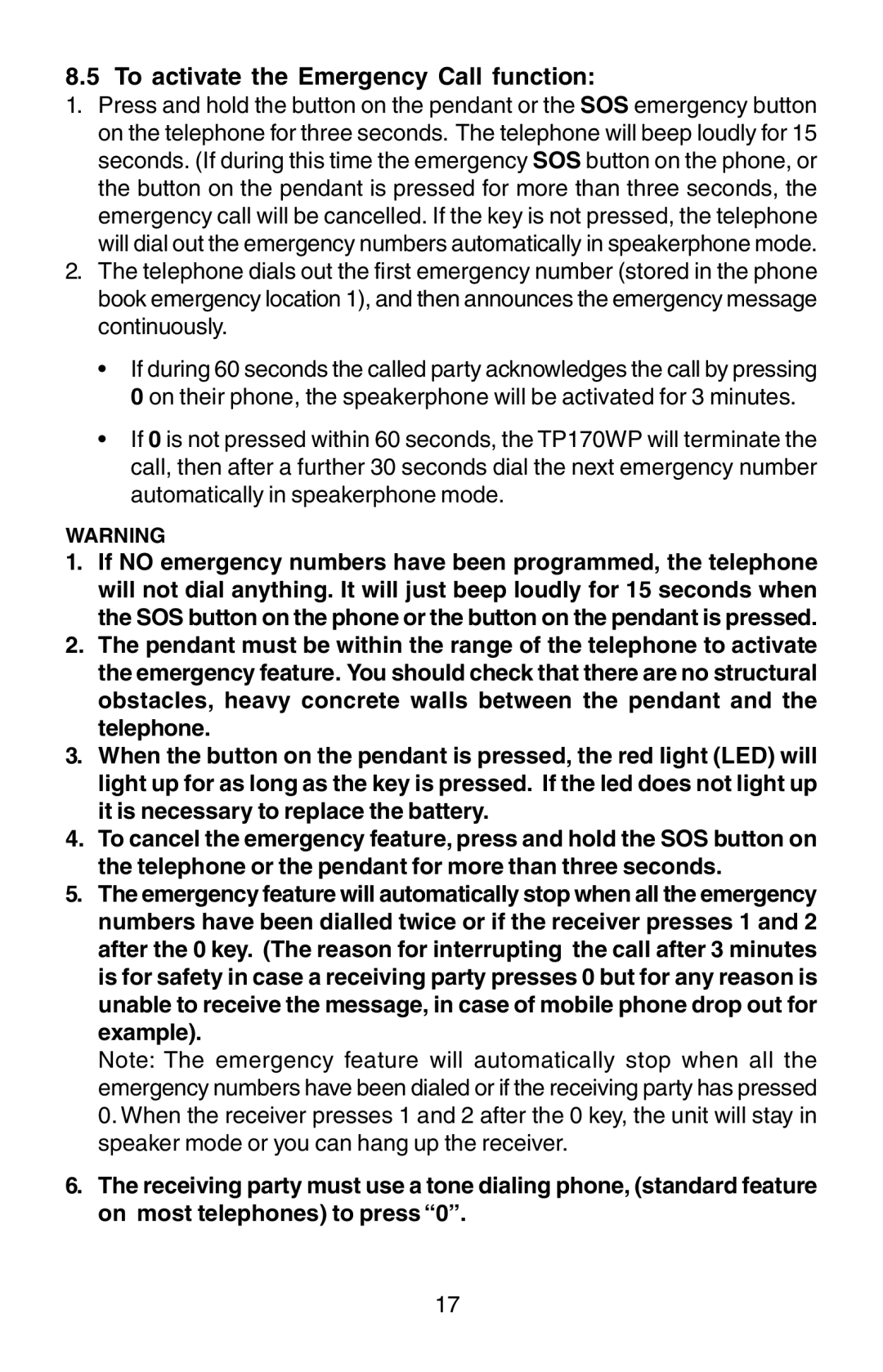 Oricom TP170WP manual To activate the Emergency Call function 