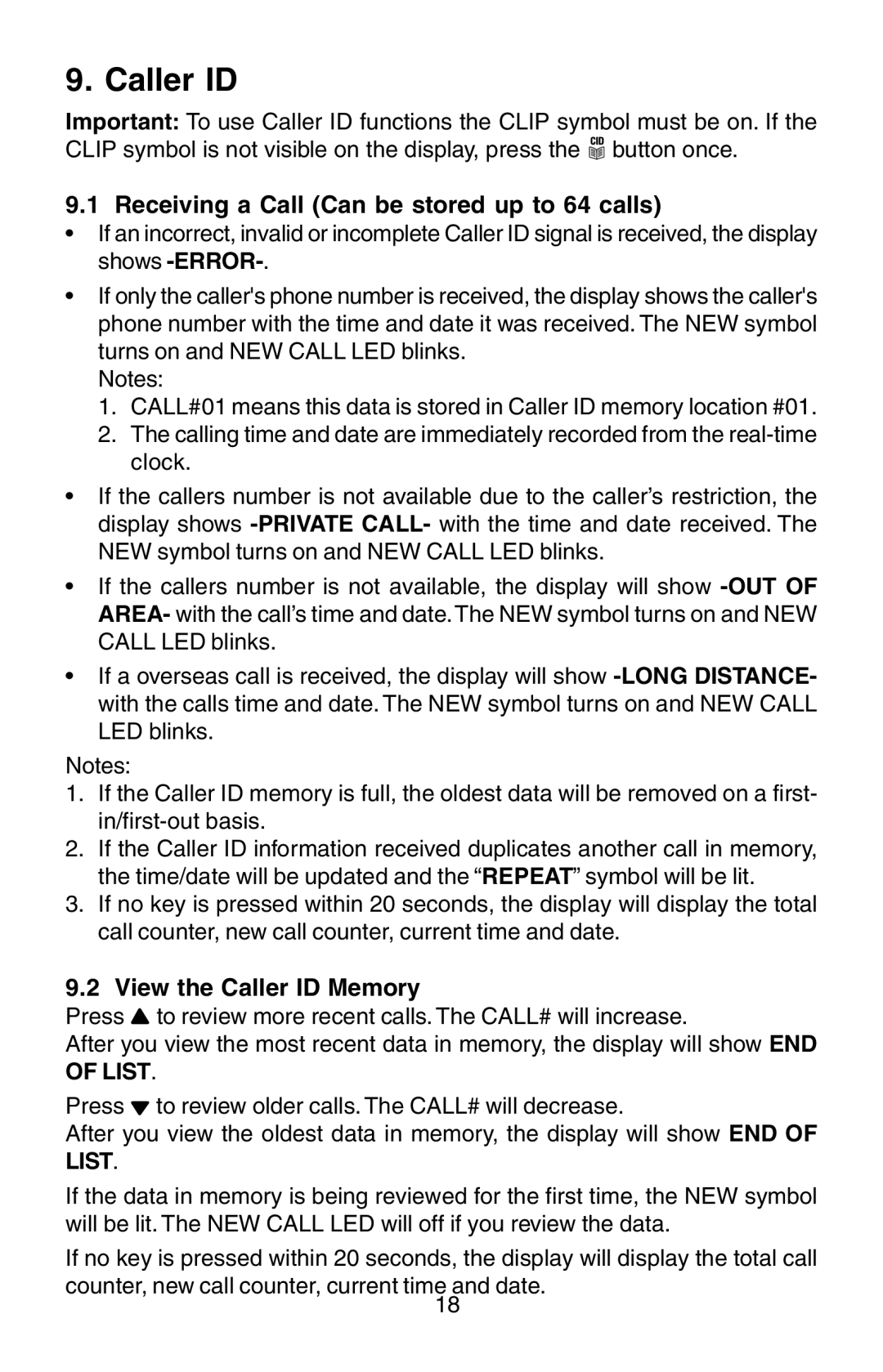 Oricom TP170WP manual Receiving a Call Can be stored up to 64 calls, View the Caller ID Memory 