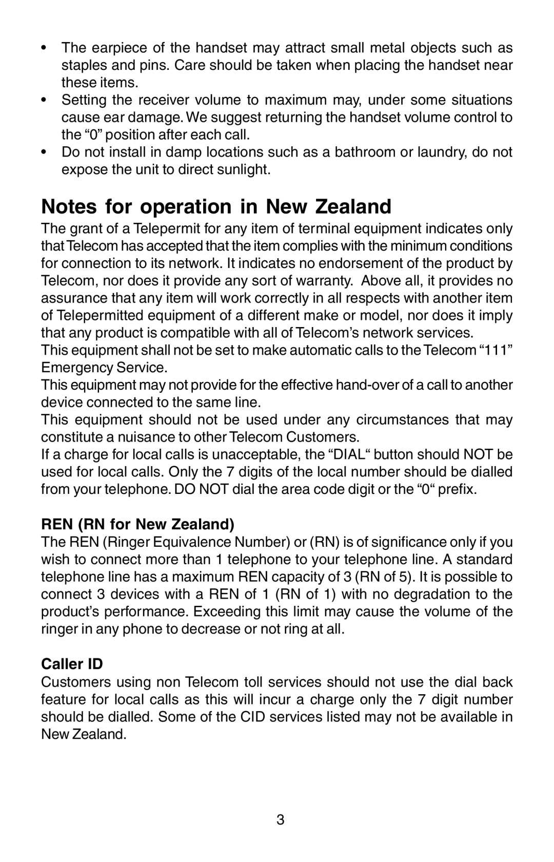 Oricom TP170WP manual REN RN for New Zealand, Caller ID 