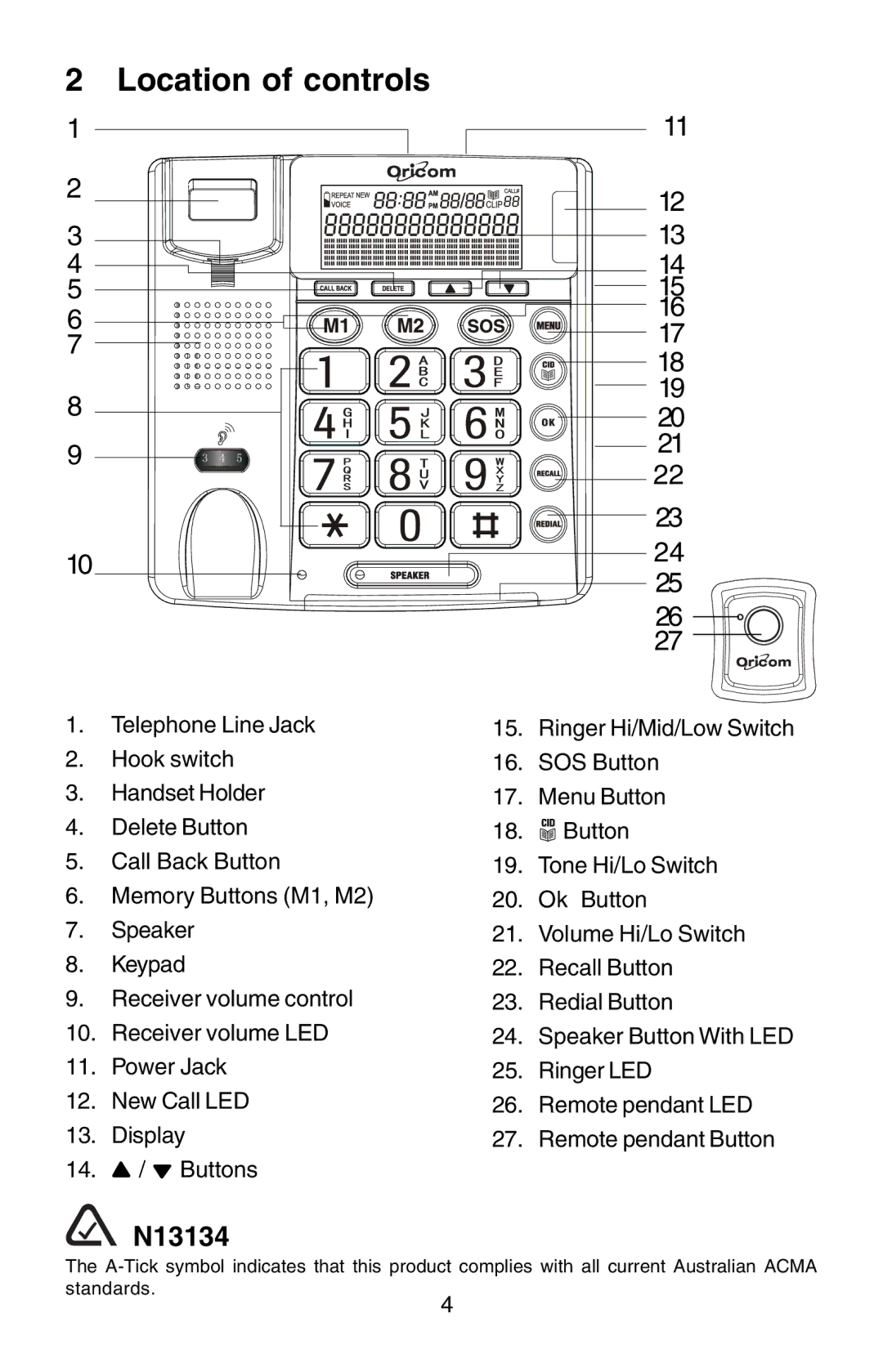 Oricom TP170WP manual Location of controls, N13134 