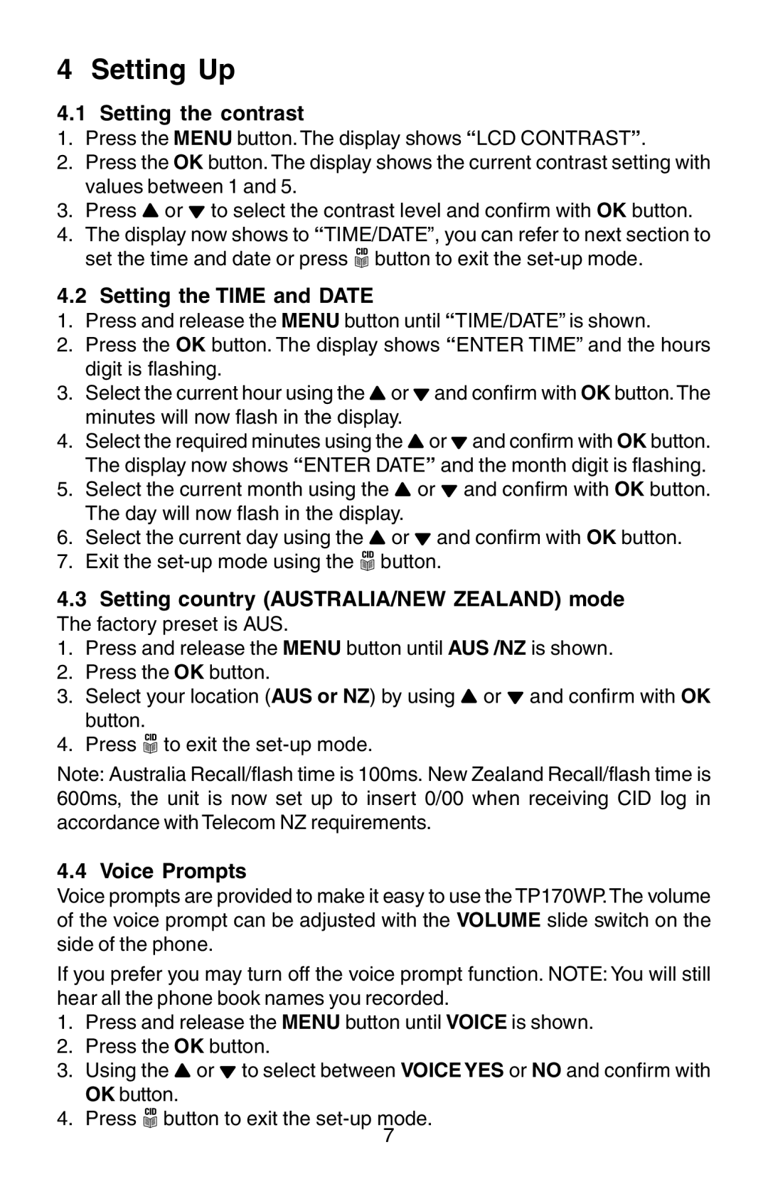 Oricom TP170WP manual Setting Up, Setting the contrast, Setting the Time and Date, Voice Prompts 