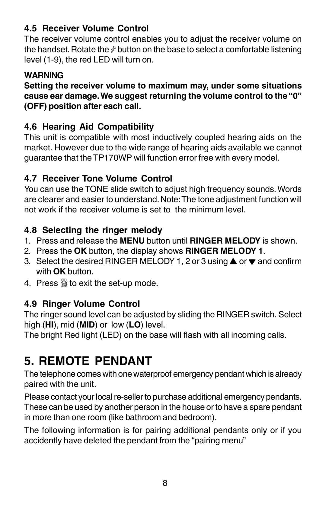 Oricom TP170WP Receiver Volume Control, Hearing Aid Compatibility, Receiver Tone Volume Control, Ringer Volume Control 