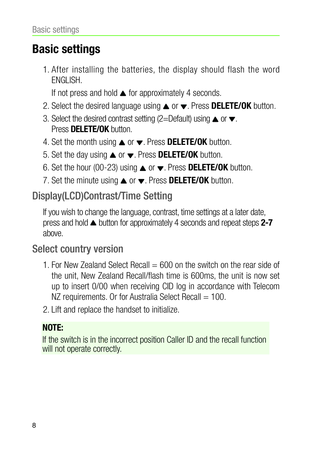 Oricom TP30 manual Basic settings, DisplayLCDContrast/Time Setting, Select country version 