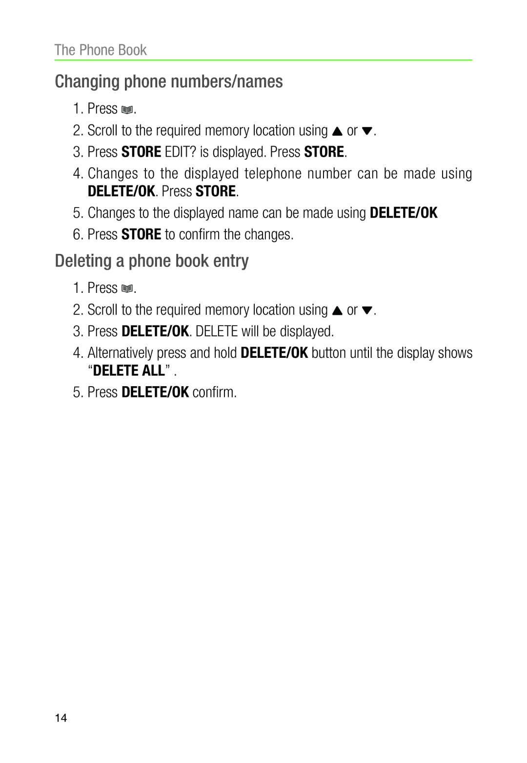 Oricom TP30 manual Changing phone numbers/names, Deleting a phone book entry 