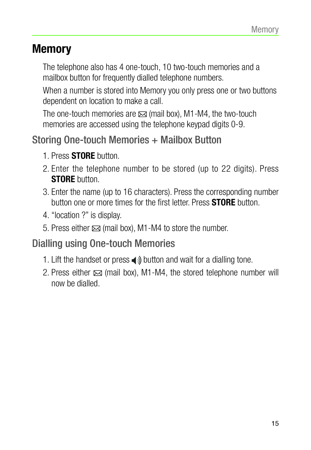 Oricom TP30 manual Memory, Storing One-touch Memories + Mailbox Button, Dialling using One-touch Memories 